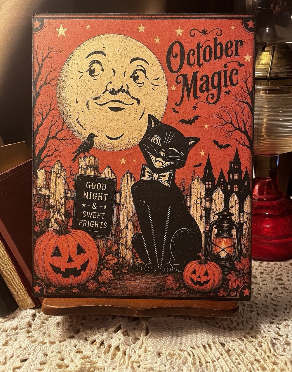 Halloween Black Cat, Full Moon, October Magic, Handcrafted Plaque / Sign